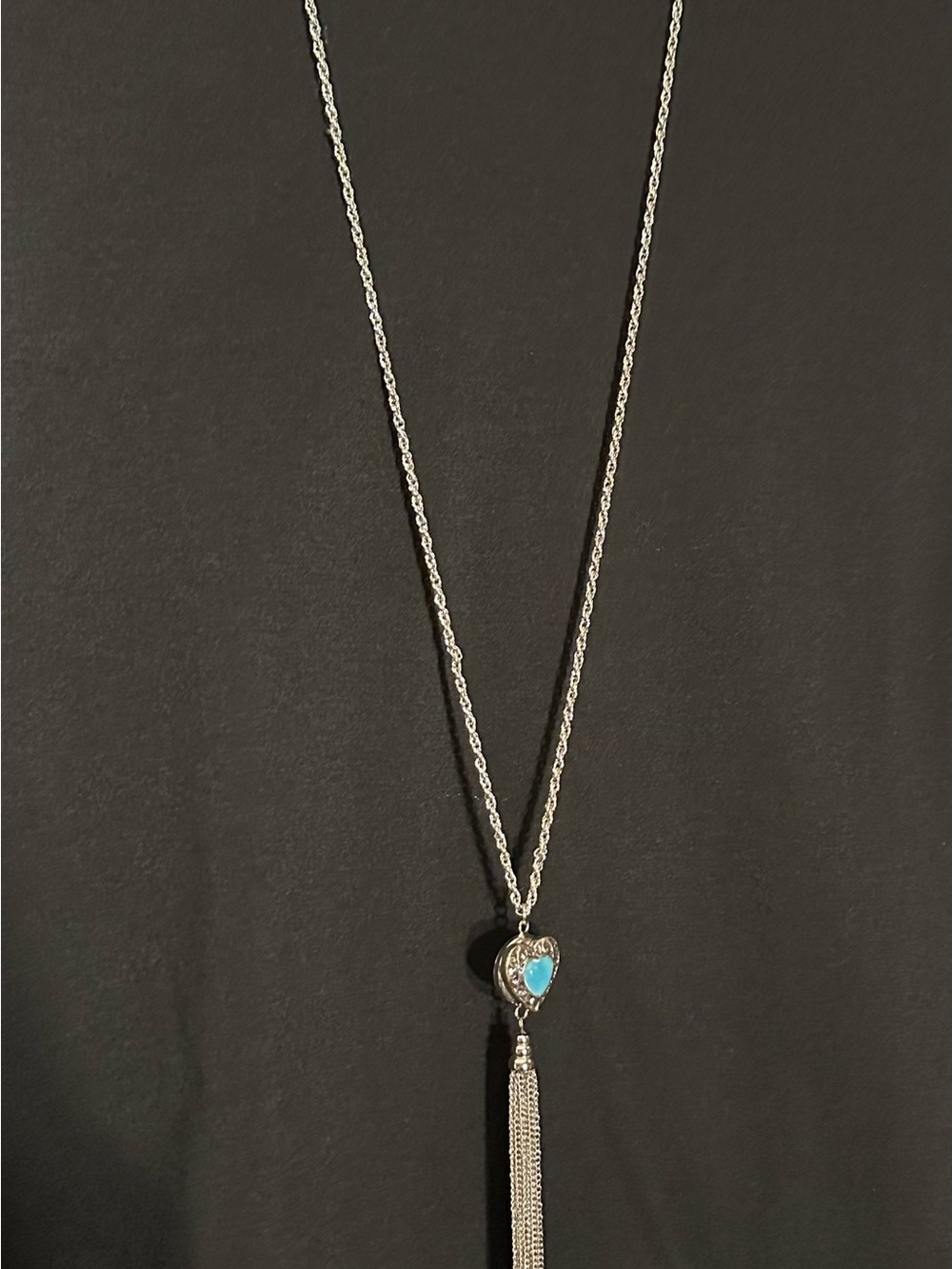 Silver Tassel Necklace with Blue Heart Pendant 6 changeable button pendants